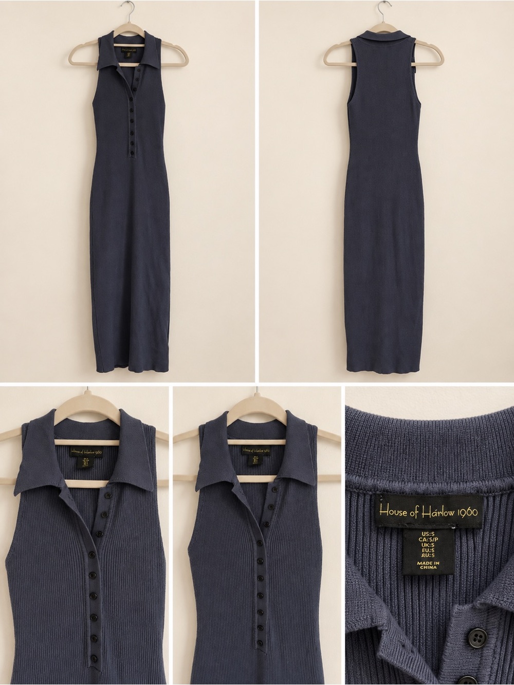 House of Harlow 1960 Navy Ribbed Sleeveless Button-Front Maxi Dress